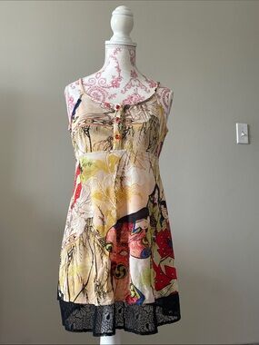 Vintage Wushe Fengma Japanese Multicolor Printed Slip Dress with Lace Hem